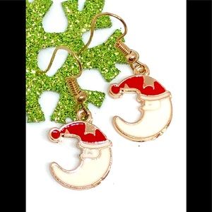 Christmas Santa Claus Crescent Moon Red White Enamel Gold Tone Dangle Earrings